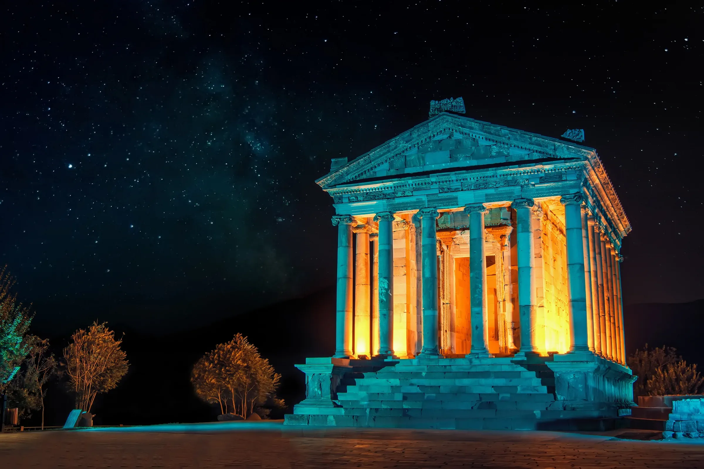 Garni Temple illuminated at night