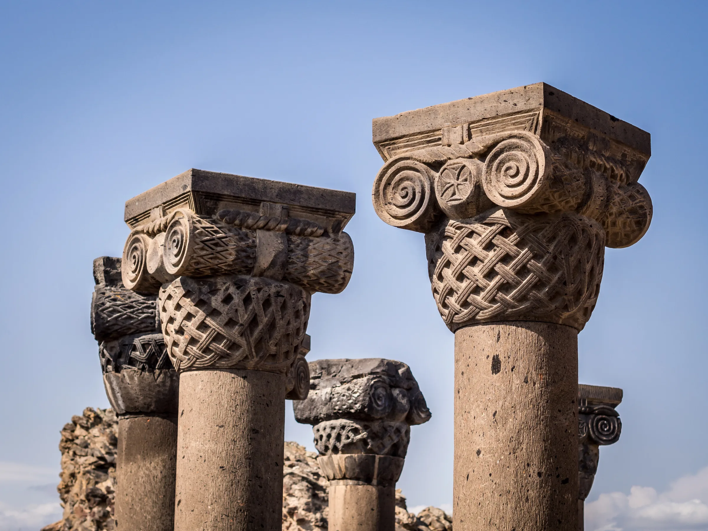 Carved capitals and stone ornament at Zvartnots Cathedral